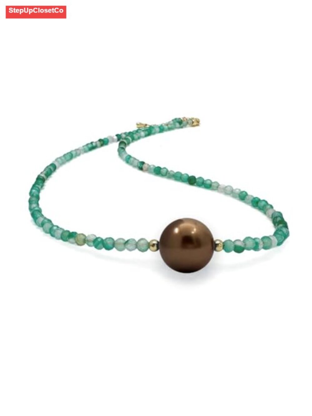 Green Agate Beaded Choker Necklace, Gold Plated, Shell Pearl, Nickel Free,